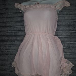 Vtg Pink Off-Shoulder Lace Nightgown